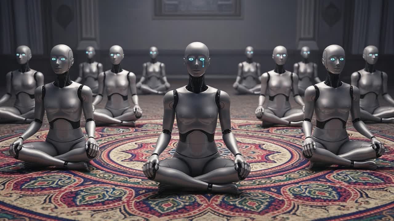 A Serene Gathering of Meditating Robots in a Dimly Lit Room, Exuding Calmness and Precision Amidst Intricate Patterns on the Floor, Emphasizing the Intersection of Technology and Tranquility