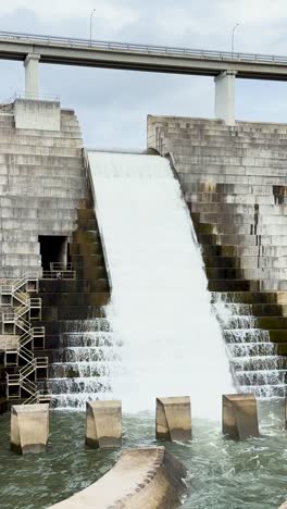 el agua fluye por el vertedero de la presa hacia el río