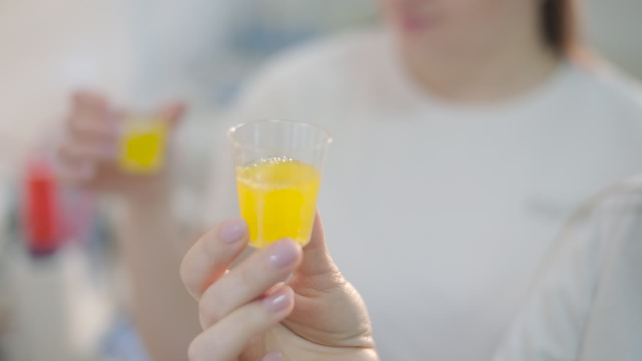 Primer plano de una mano sosteniendo un vaso de plástico pequeño con líquido amarillo