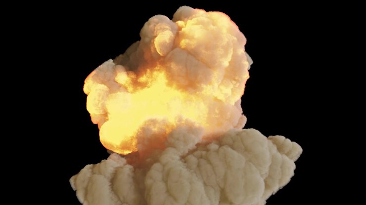 The explosion of a military explosives or flammable with a strong smoke. Explosion with smoke on an isolated background with an alpha channel, fuel explosion.