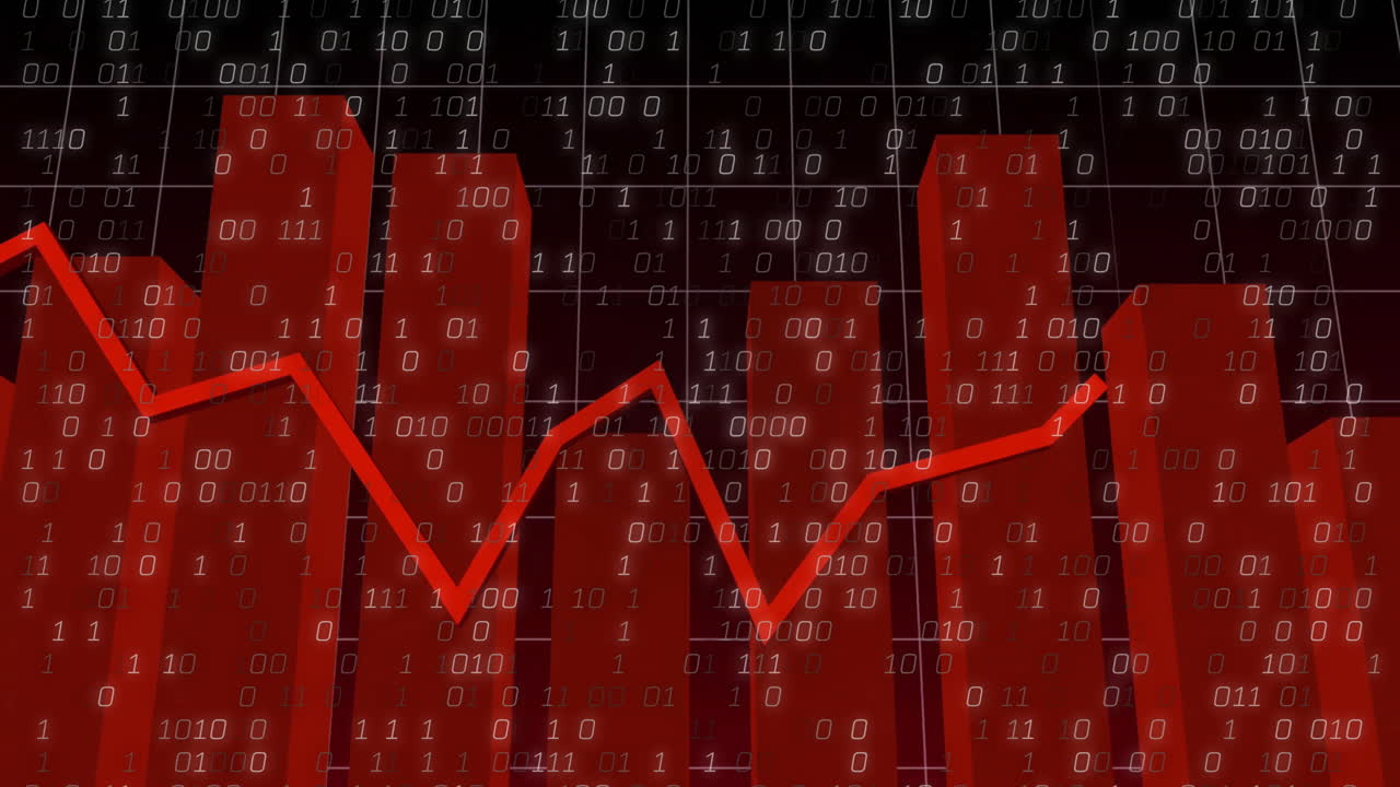 Animation of binary coding and financial data processing over dark background