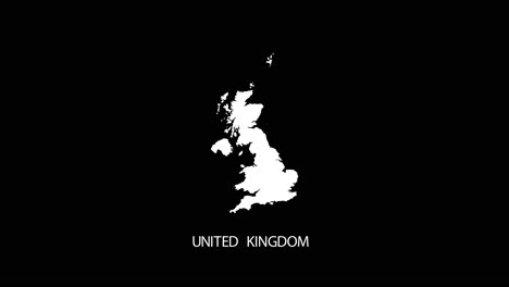 digital revealing and zooming in on united kingdom country map alpha video with country name revealing background | united kingdom country map and title revealing alpha video for editing template