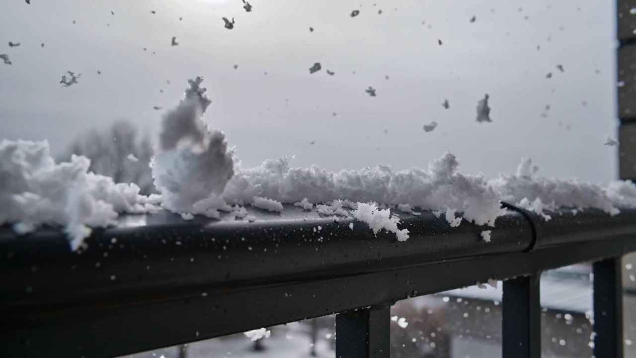 Holding metal balcony rail, receiving wet snow and clumps dislodging from rooftops