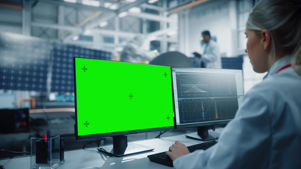 여성 엔지니어는 위성을 분석하기 위해 그린 스크린 컴퓨터를 사용합니다. 항공우주국 제조 시설: 과학자들이 우주 탐사 임무를 위해 우주선을 개발하고 조립합니다.