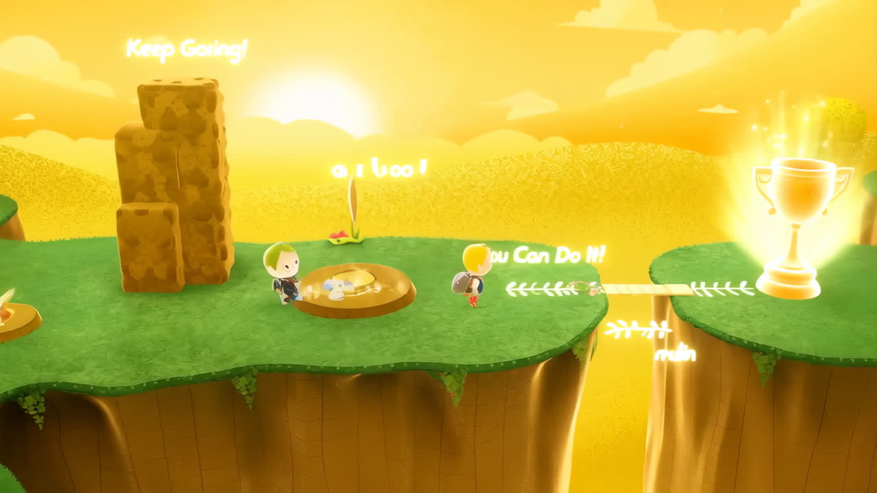 Animated Platformer Game Scene with Characters and Encouraging Text