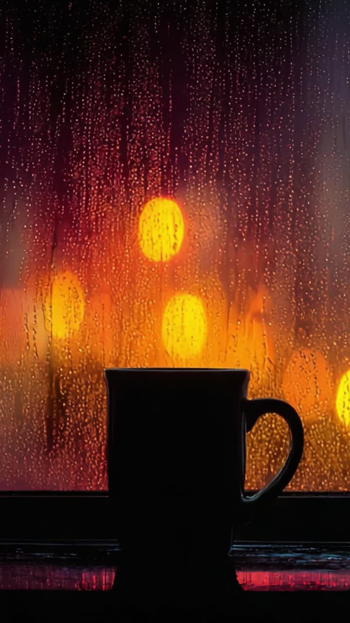 Una serena scena serale: la silhouette di una tazza di caffè contro una finestra bagnata dalla pioggia, illuminata da luci calde e misteriose sullo sfondo