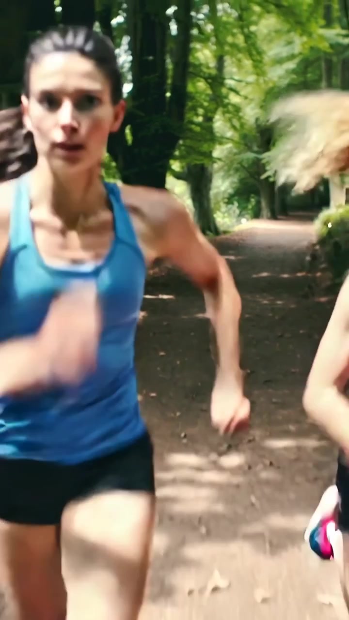 Video verticale: Scatto dopo l'intervallo, donna con canotta blu che corre su un sentiero boschivo con una bottiglia.