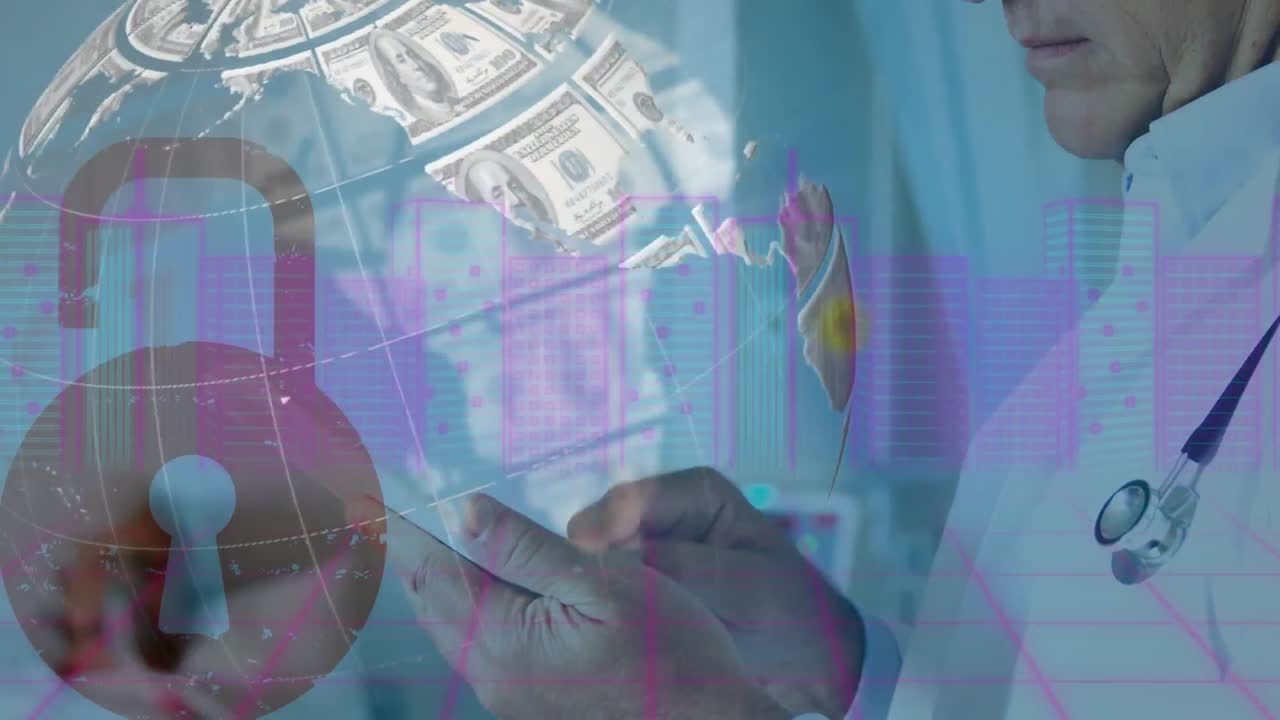 스마트폰을 사용하는 남성 의사 위에 미국 달러 지폐로 형성된 지구상의 애니메이션