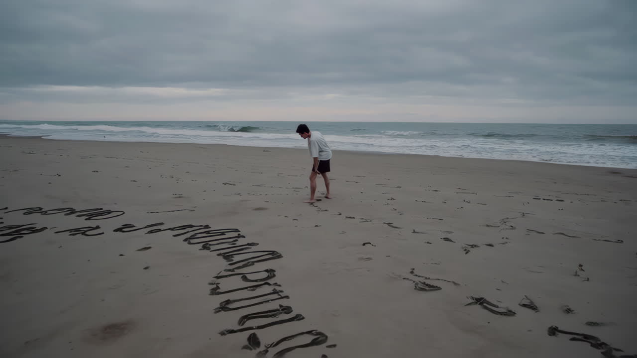 Person Writing in the Sand on a Beach