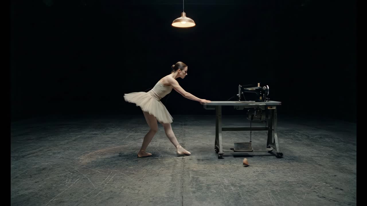 Bailarina Dançando Graciosamente em um Estúdio Escuro com uma Máquina de Costura