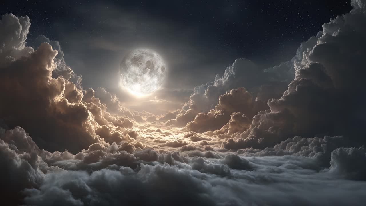 A breathtaking view of the moon illuminating a sea of clouds, casting soft light through the atmospheric backdrop of night, creating a serene and mystical ambiance