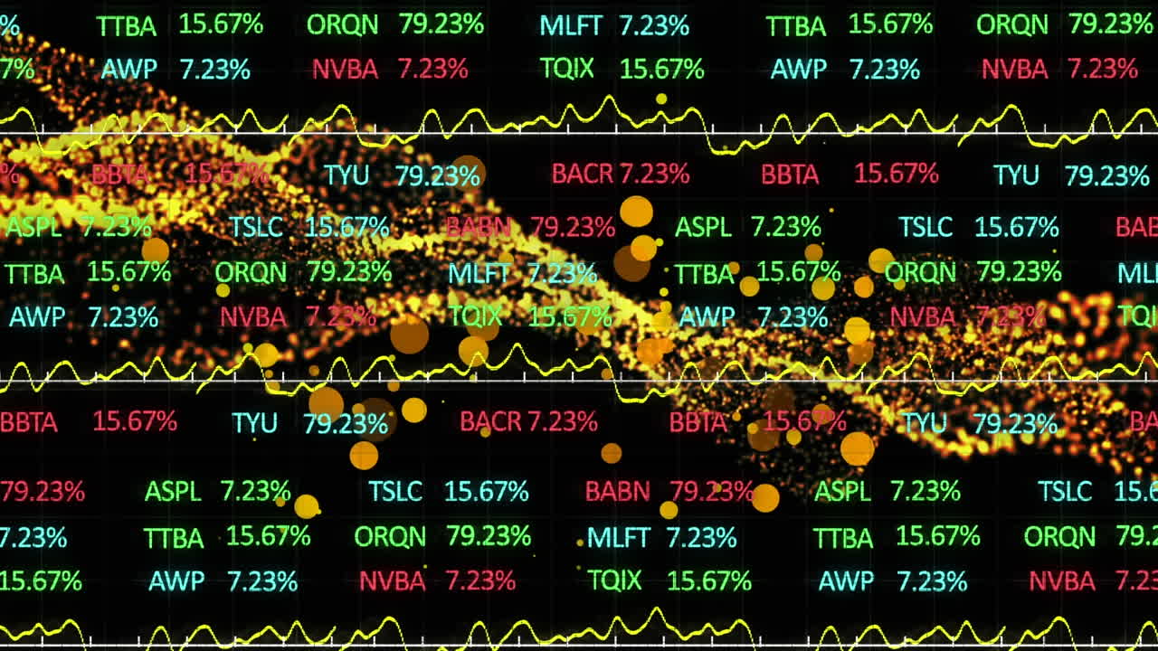 인터페이스, 금색 풍경, 검은색에서 다채로운 금융 데이터 처리 애니메이션