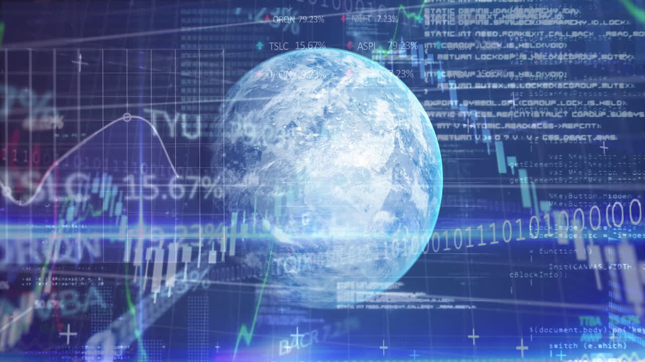 Digital-rendered Earth globe rotating at center, streaming line graphs, bar charts, code and binary