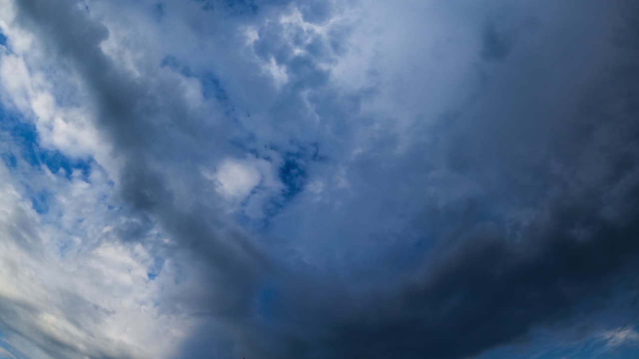 Cloudscape transformation in the atmosphere. Low angle view on the clouds covering the sun. Timelapse.