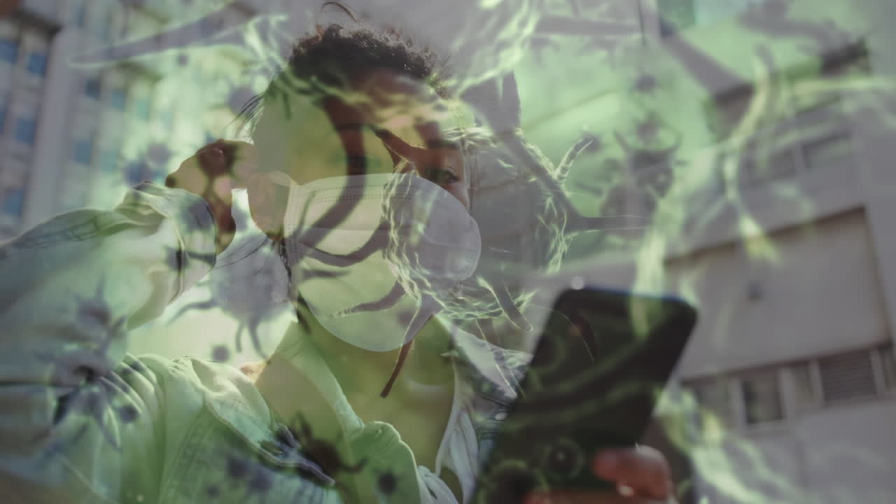 animación de células de covid-19 que se mueven sobre una mujer con máscara facial