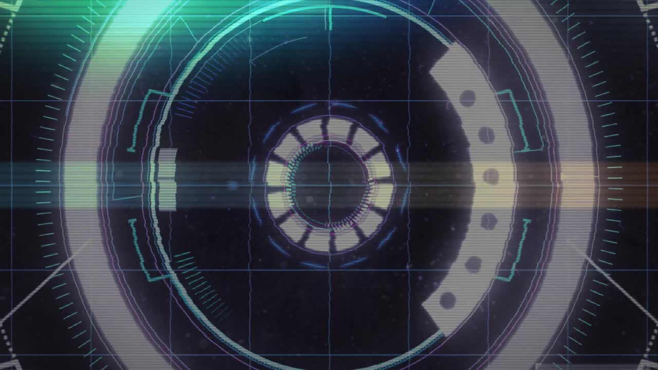 Digital animation of light trails and glitch effect against round neon scanner on black background