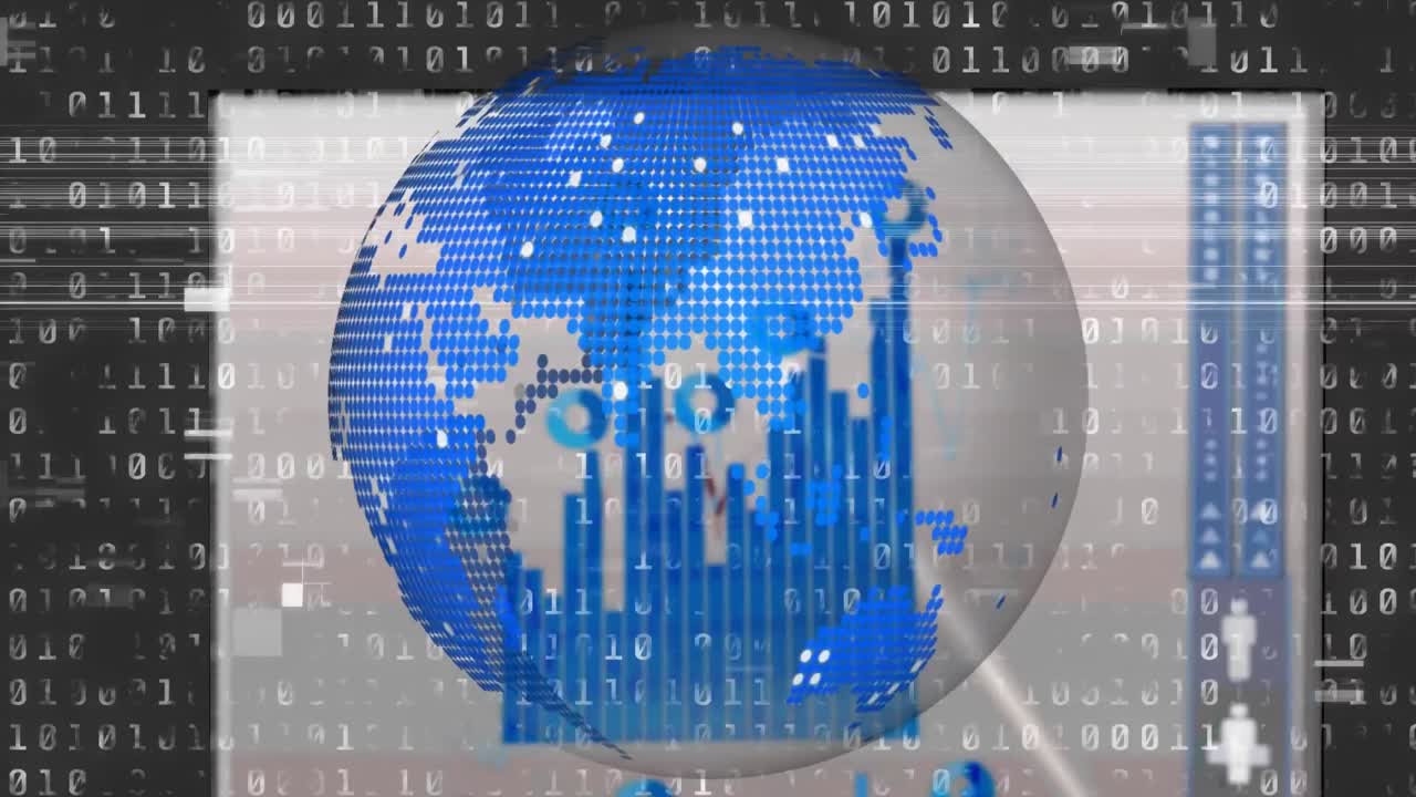 Animation of globe spinning, binary coding over data processing on screen