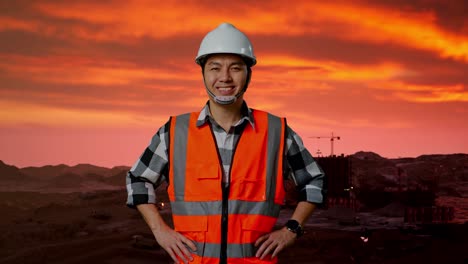 ingeniero masculino asiático con casco de seguridad sonriendo a la cámara mientras está de pie con los brazos akimbo en el sitio de construcción, maquinaria de minería