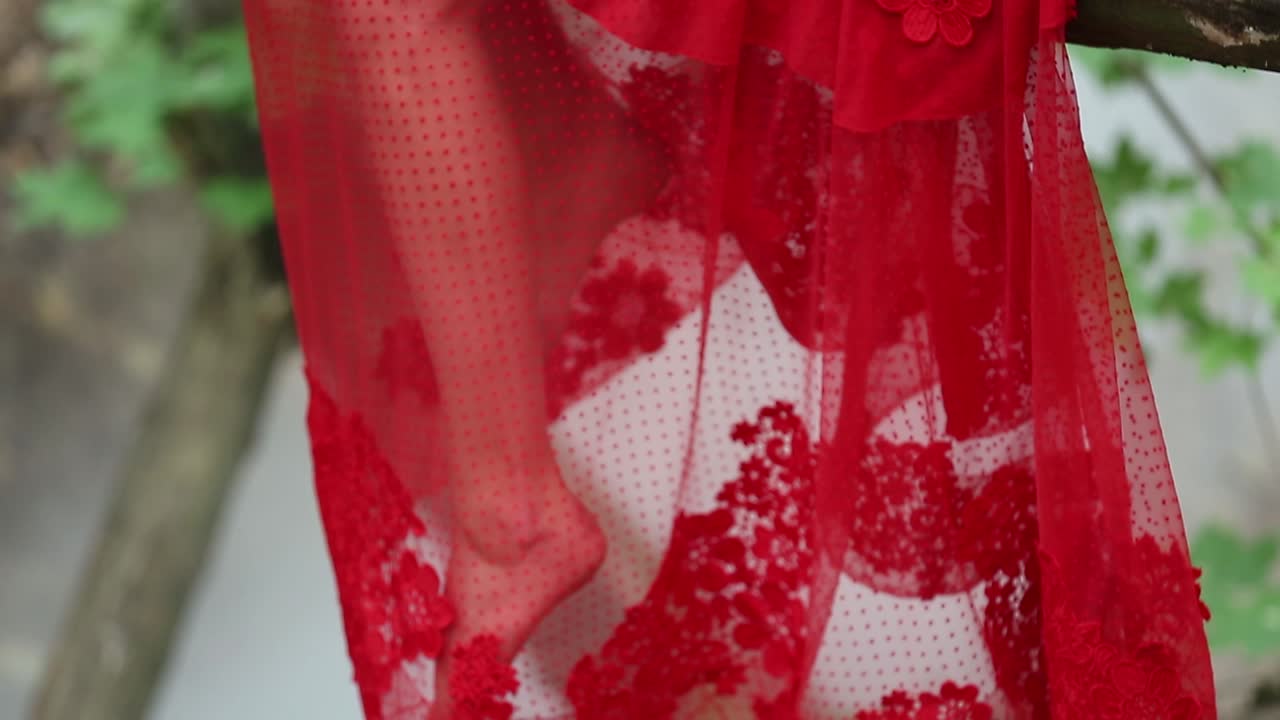 Gorgeous Lady In A Mysterious Foggy Forest. Gorgeous lady in long red dress in a mysterious foggy forest