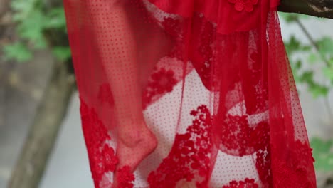 gorgeous lady in a mysterious foggy forest. gorgeous lady in long red dress in a mysterious foggy forest