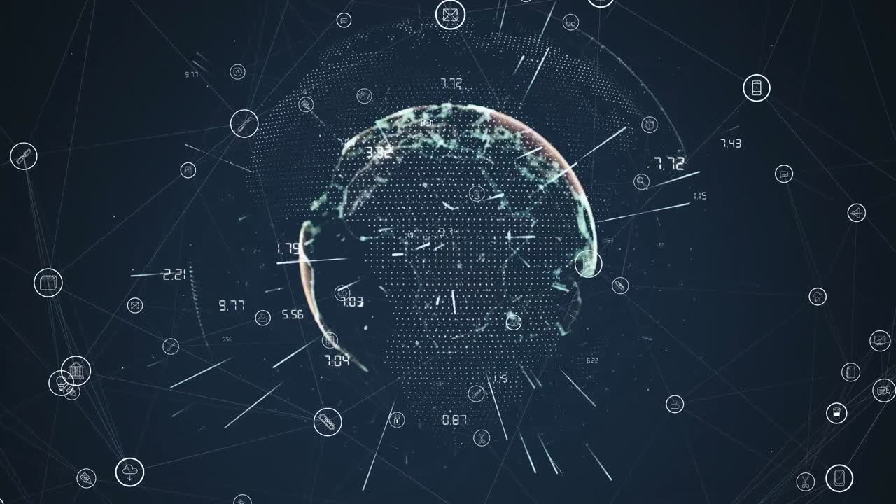 Animation of network of connections with icons over globe