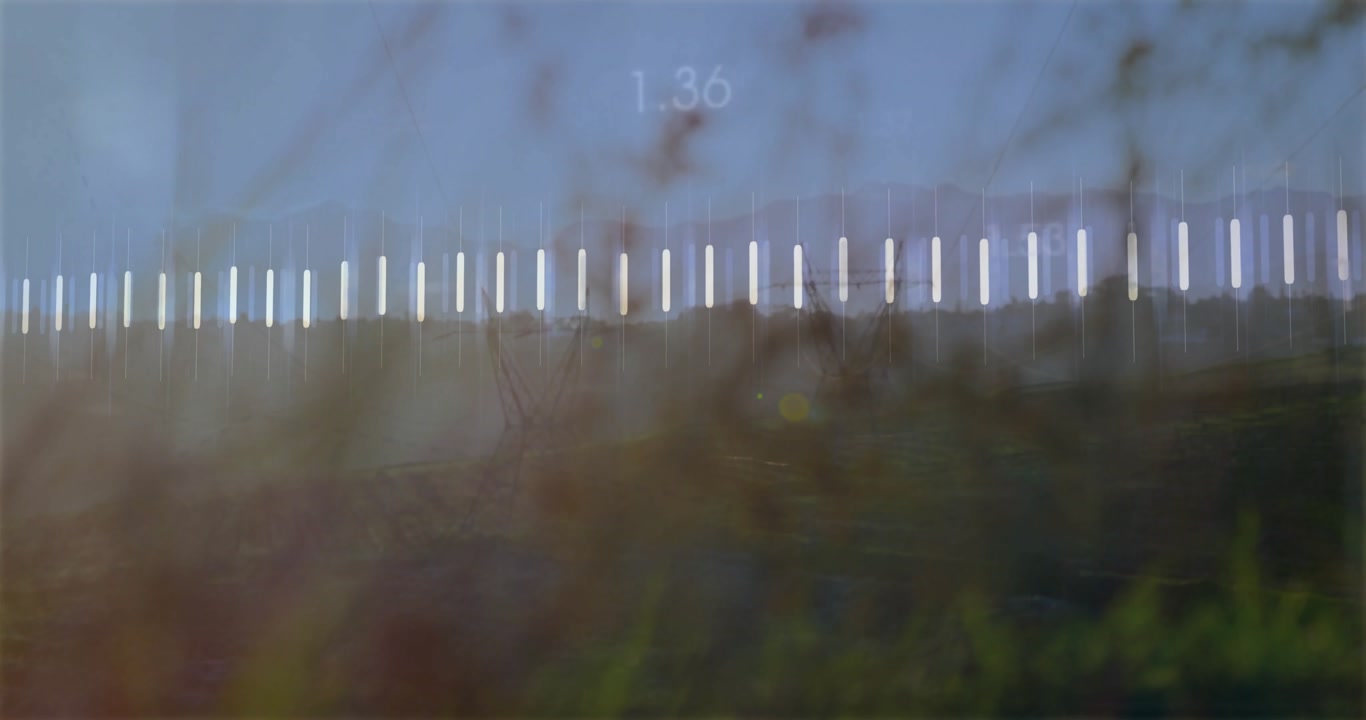 Bare branches framing white bars initiating orange line sweeping peaks valleys visualizing trends
