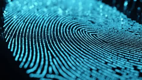 a close-up view of a vibrant blue digital fingerprint showcasing intricate patterns and textures in a high-tech environment