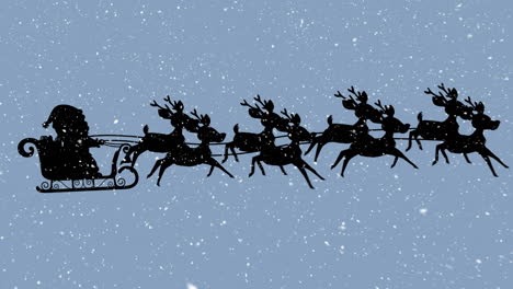 animation of snow falling over santa claus in sleigh with reindeer