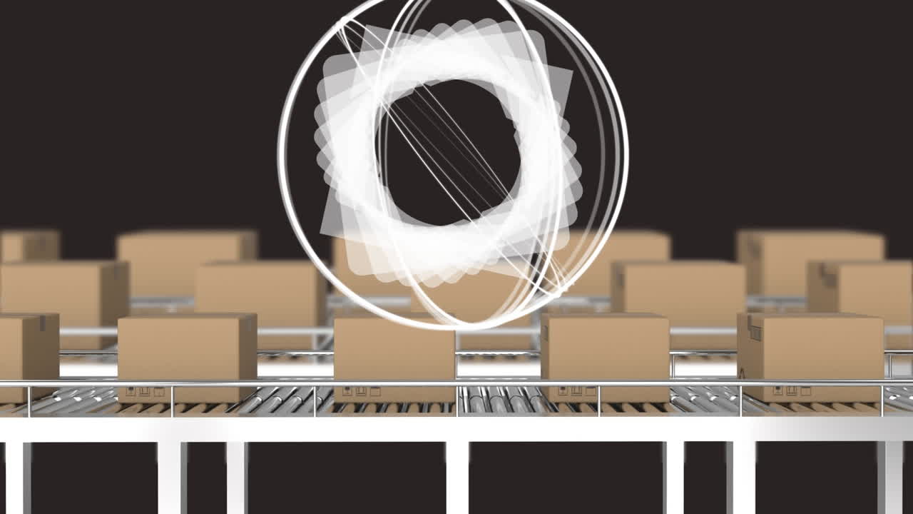 컨베이어 벨트에 움직이는 카드보드 상자 위의 스 ⁇  스캐닝의 애니메이션