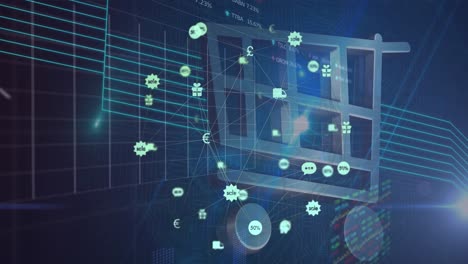 Animation-Des-Einkaufskartensymbols-Mit-Verbundenen-Technologischen-Symbolen-über-Bewegten-Diagrammen