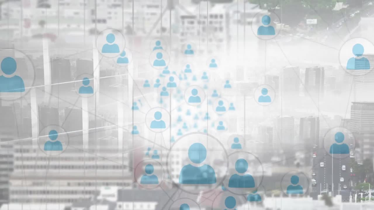 사람 아이콘과 연결 네트워크로 도시 풍경의 애니메이션