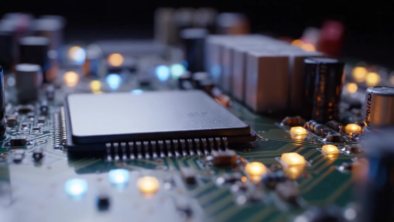 Close-Up Exploration of a Modern Circuit Board: A Journey Through Electronic Components and Their Intricate Designs in a Technologically Advanced Setting