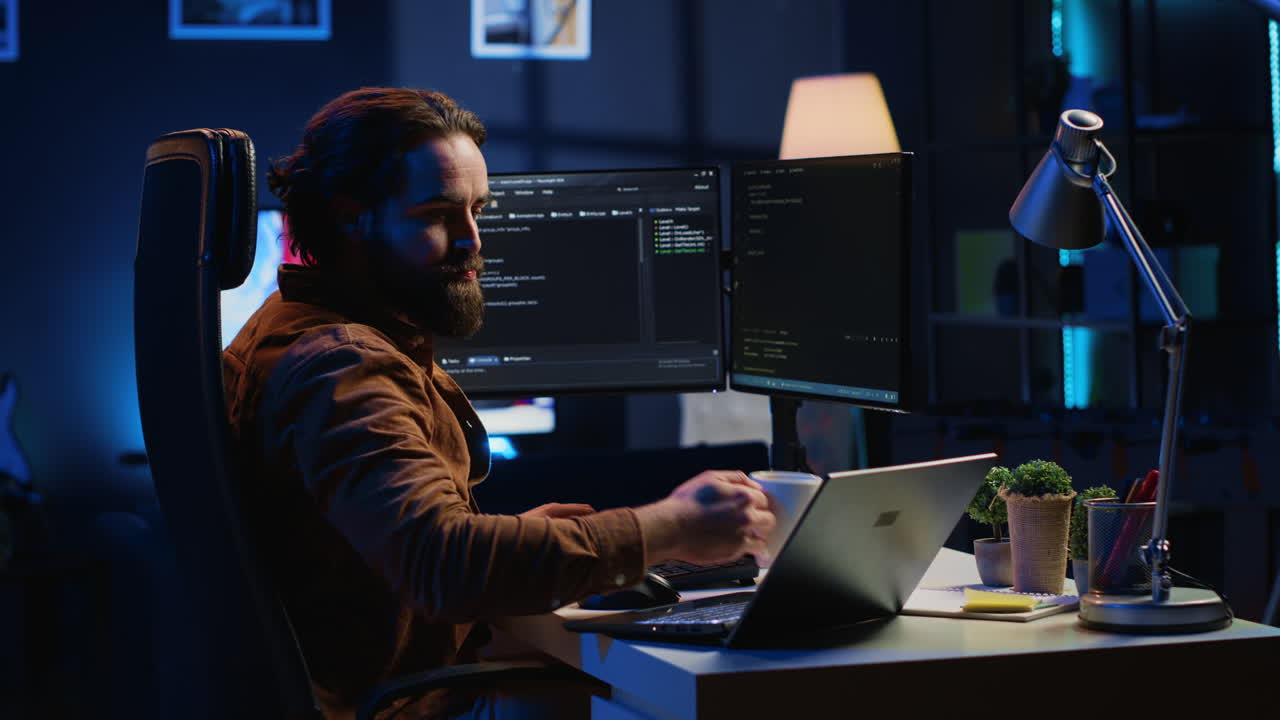 è un professionista che fa multitasking nell'ufficio dell'appartamento mentre ascolta musica