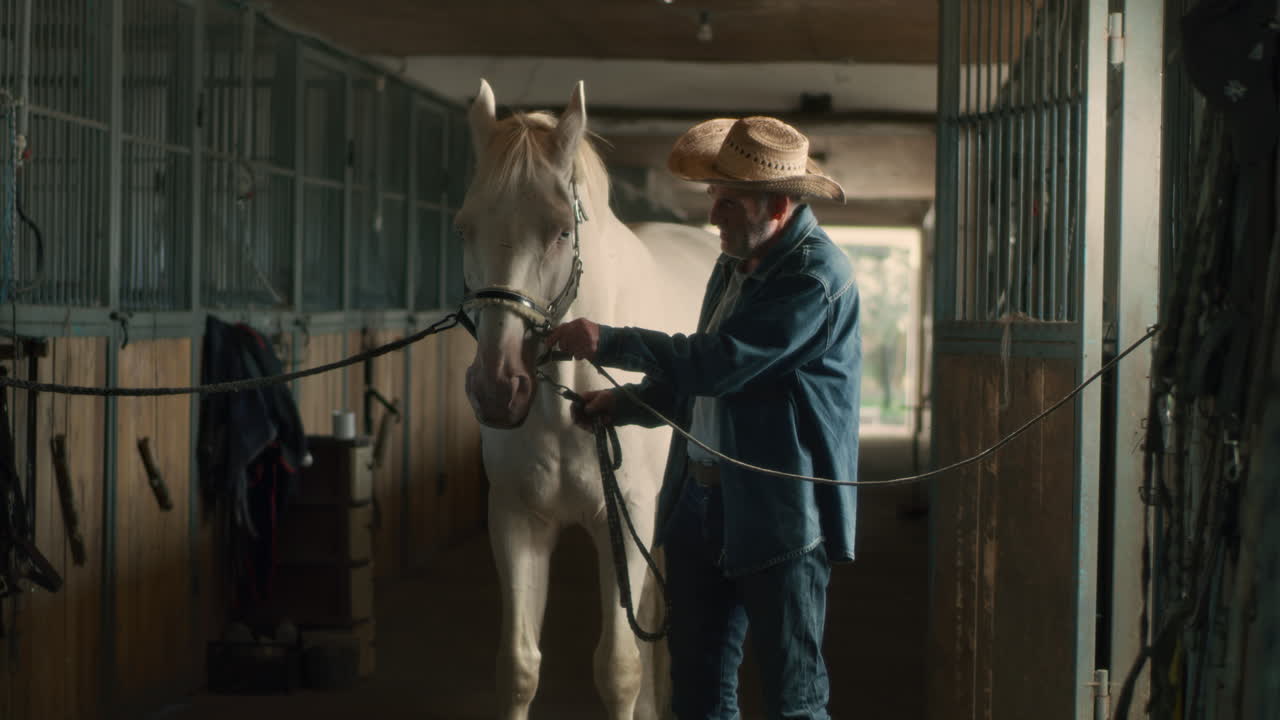 Senior Cowboy Interacting with White Horse in Stable