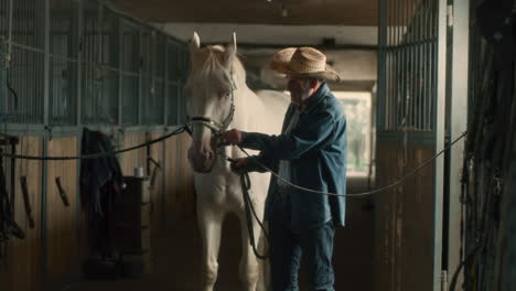senior cowboy interacting with white horse in stable