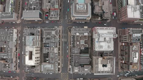 Dolly-back-top-down-drone-shot-over-Glasgow-grid-streets