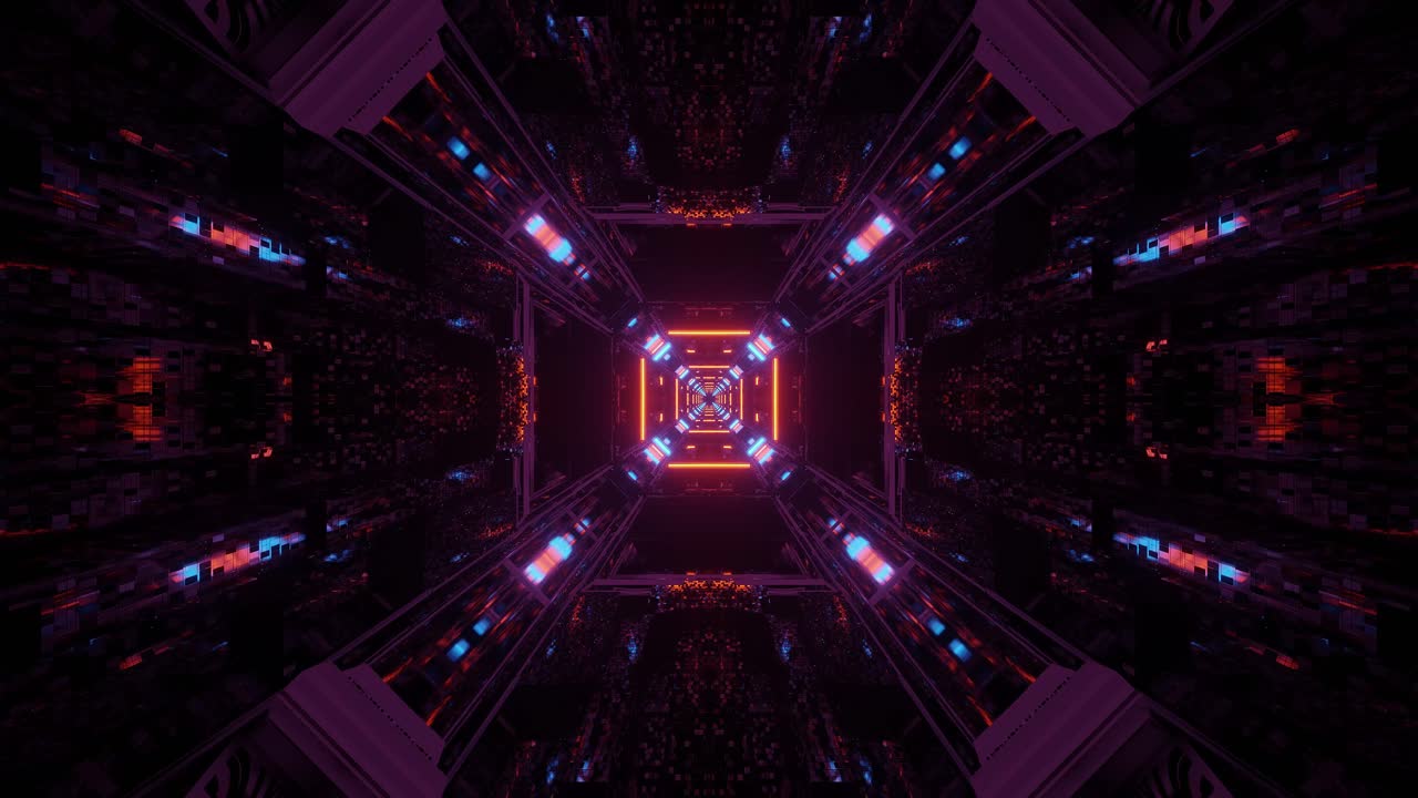 gráficos de movimiento de ciencia ficción: paredes cuadradas con patrón x con luces de neón naranja, azul y rosa