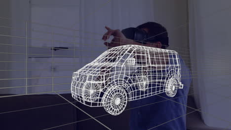 animación de dibujo técnico 3d de la furgoneta, sobre el hombre en casa con auriculares vr