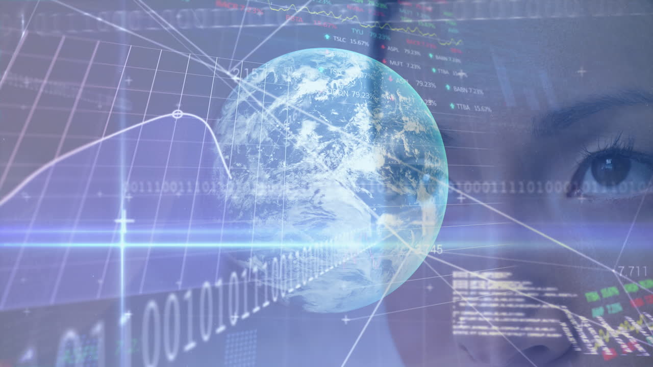 Animation of globe and data processing over woman's face in background