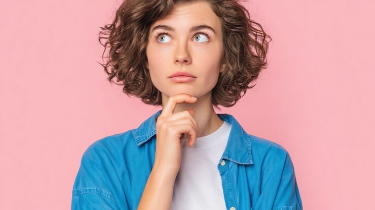 Una donna pensierosa contempla su uno sfondo rosa tenue, catturando l'essenza della riflessione e della curiosità nella vita di tutti i giorni.
