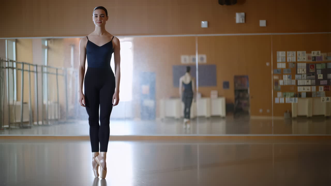 A young ballerina standing en pointe in a dance studio with mirrors