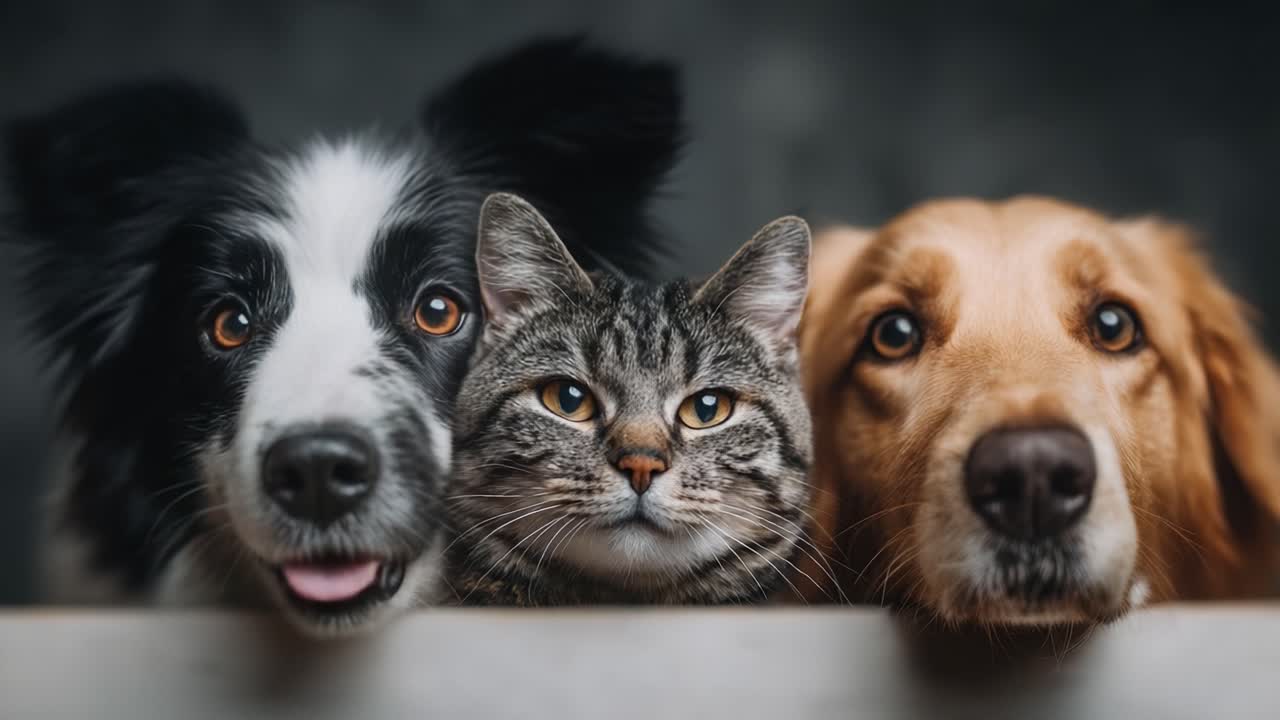 A Heartwarming Trio: A Close-Up Portrait of a Playful Border Collie, an Adorable Tabby Cat, and a Loyal Golden Retriever Together in Perfect Harmony