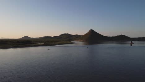 drone overflying mexican beach at sunrise while birds fly really close to it