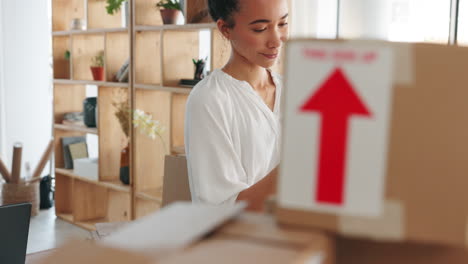 phone, delivery and designer woman with boxes