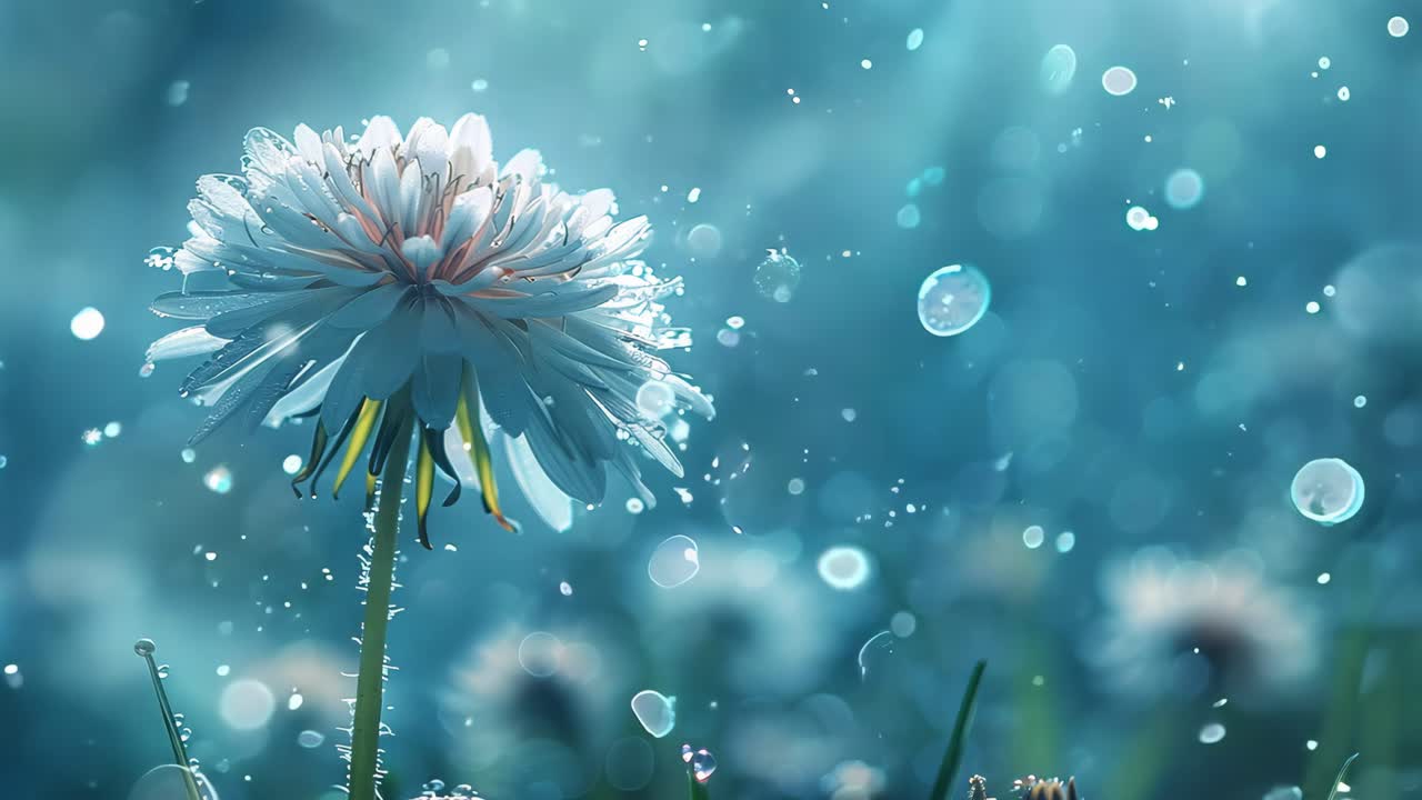A white flower is in the foreground of a blue background with snowflakes falling on it. Concept of tranquility and peacefulness, as the flower stands out against the snowy landscape