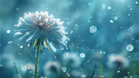 a white flower is in the foreground of a blue background with snowflakes falling on it. concept of tranquility and peacefulness, as the flower stands out against the snowy landscape