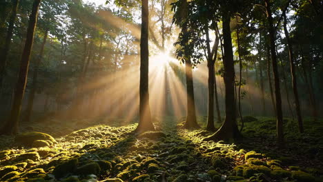 sunlight filtering through a mystical forest with moss-covered ground