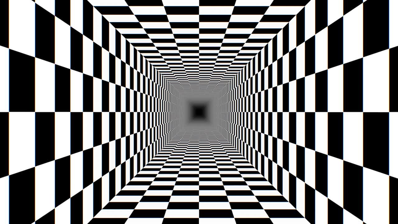patrón de tablero de ajedrez de túnel sin fin ilusión de perspectiva en blanco y negro - animación de fondo de movimiento de bucle vj sin costura de 4k