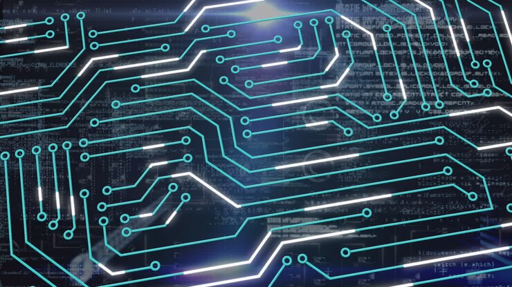 Animation of integrated circuit over data processing on black background