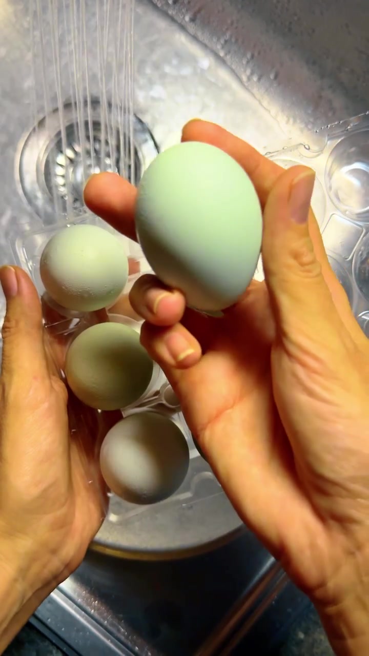 Person holding plastic container with blue eggs under water. Hands holding transparent plastic carton with light blue eggs under running tap water in kitchen sink.
